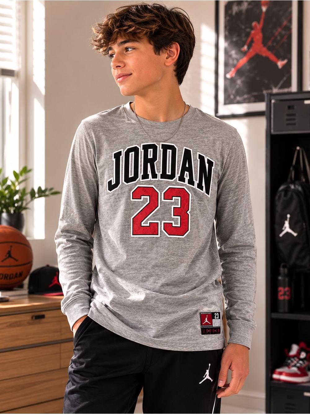 Jordan 23 Graphic Long Sleeve Shirt – Gray – Size Large (12–13 YRS)